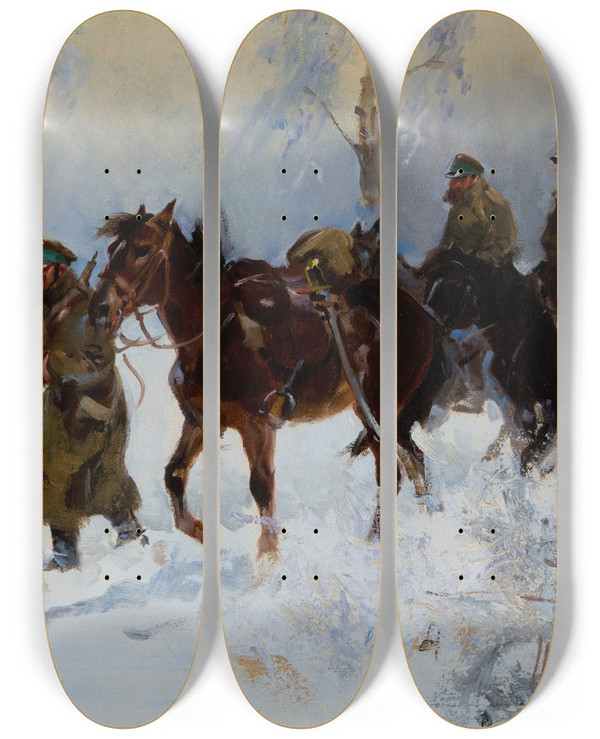 Triptych art skateboard deck of Wojciech Kossak Cavalrymen by Wojciech Kossak (1857-1942)