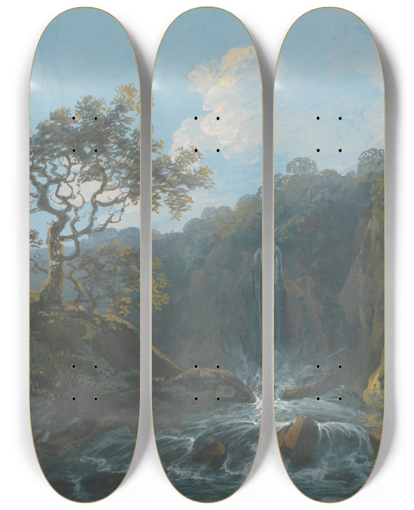Triptych art skateboard deck of John Laporte Day Landscape With Rapids And Cattle by John Laporte (1761-1839)