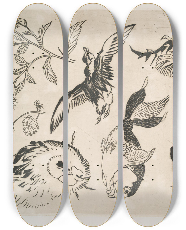 Triptych art skateboard deck of Flix Bracquemond Coq Canard Poisson Plantes by Felix Bracquemond (1833-1914)