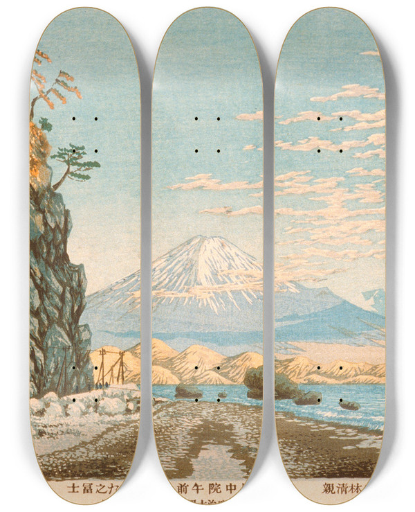 Triptych art skateboard deck of Kobayashi Kiyochika Mount Fuji From Satta Sketched At 9 Am In Midjanuary 1881 by Kobayashi Kiyochika (1847-1915)