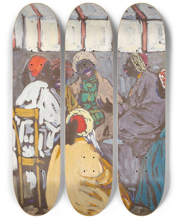 Triptych art skateboard deck of Wassily Kandinsky Mohrencafe by Wassily Kandinsky (1866-1944)