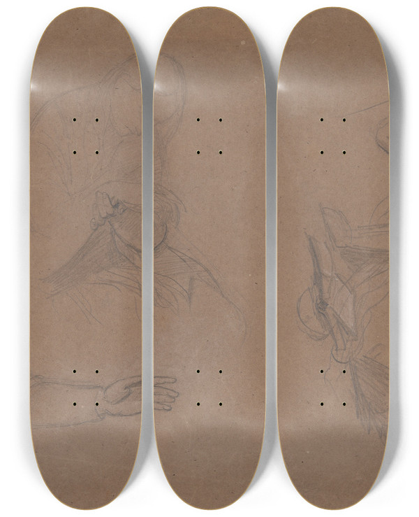 Triptych art skateboard deck of Jzef Simmler Sketches Of Mary Magdalene To The Composition Entombment by Jozef Simmler (1823-1868)