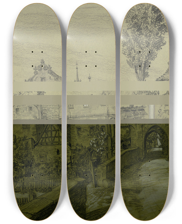 Triptych art skateboard deck of Andreas Bernhard Shngen Das Mainbernheimer Tor In Iphofen by Andreas Bernhard Sohngen (1846-1920)