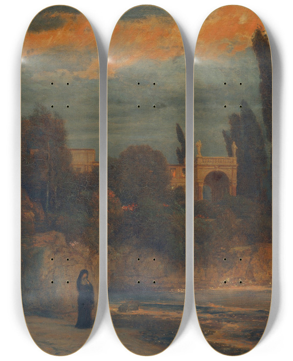 Triptych art skateboard deck of Arnold Bcklin Villa By The Sea by Arnold Bocklin (1827-1901)