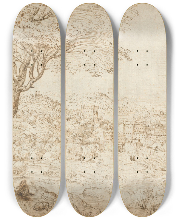 Triptych art skateboard deck of Pieter Bruegel The Elder Landscape With The Penitence Of Saint Jerome by Pieter Bruegel The Elder (1525-1569)