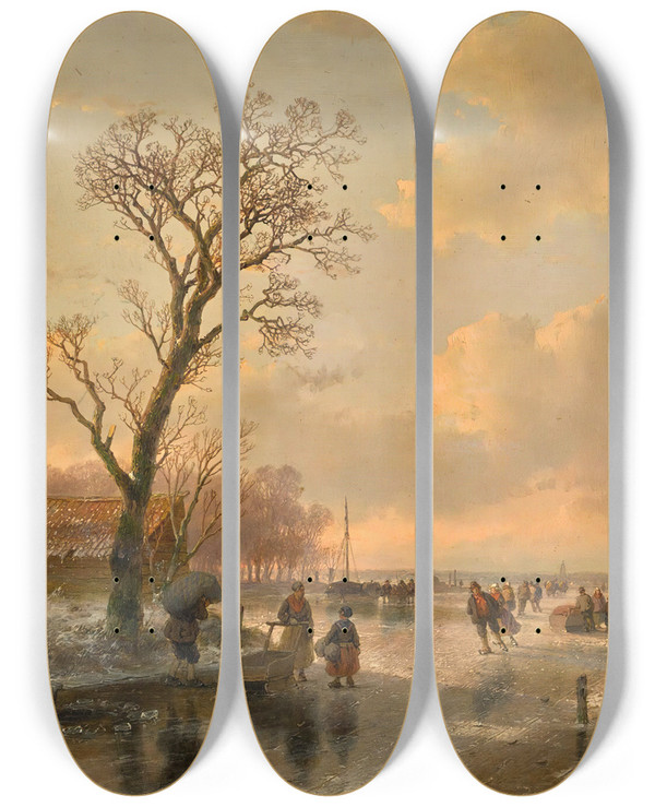 Triptych art skateboard deck of Andreas Schelfhout Skaters On A Frozen River_2 by Andreas Schelfhout (1787-1870)