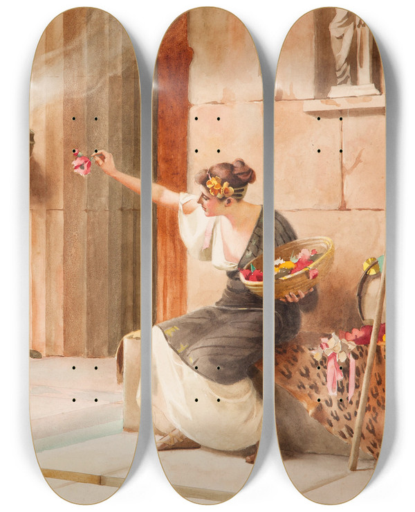 Triptych art skateboard deck of Theodoros Ralli Vendeuse De Fleurs Au Parthnon by Theodoros Ralli (1852-1909)