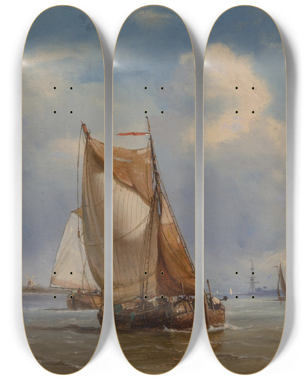 Triptych art skateboard deck of Petrus Paulus Schiedges Shipping In A Light Breeze by Petrus Paulus Schiedges (1813-1876)