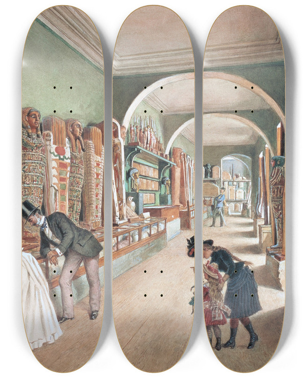 Triptych art skateboard deck of Carl Goebel The Younger Der Korridor Und Das Letzte Kabinett Der Gyptischen Sammlung by Carl Goebel The Younger (1824-1899)