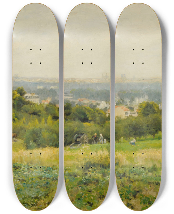 Triptych art skateboard deck of Stanislas Lpine Les Hauteurs De Meudon by Stanislas Lepine (1835-1892)