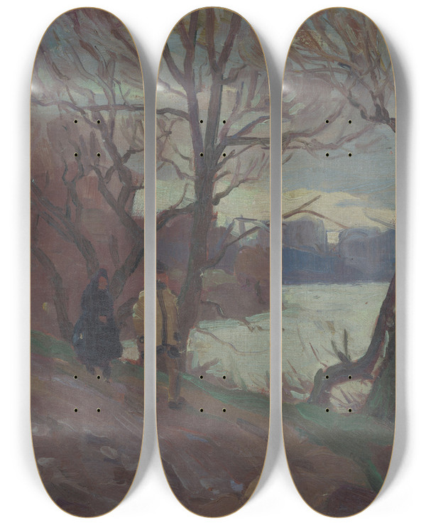 Triptych art skateboard deck of Teodor Jozef Mousson River Near Michalovce by Jozef Teodor Mousson