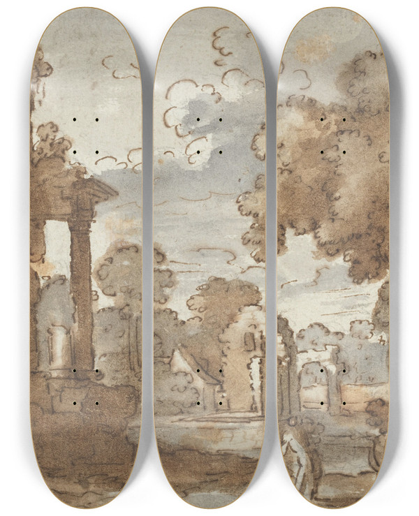 Triptych art skateboard deck of Style Of Claude Lorrain Landscape by Style Of Claude Lorrain (1600-1682)