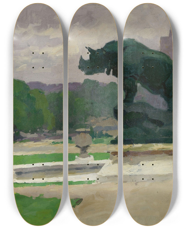 Triptych art skateboard deck of Ernest Jules Renoux Jardin Du Trocadro Avec Le Rhinocros De Jacquemart by Ernest Jules Renoux (1863-1932)