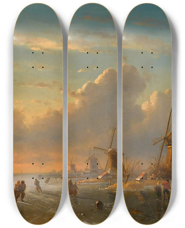 Triptych art skateboard deck of Charles Leickert Ice Skaters At Sunset by Charles Leickert (1816-1907)