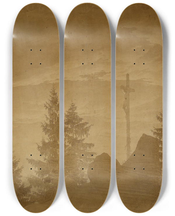Triptych art skateboard deck of Caspar David Friedrich Cross In The Mountains by Caspar David Friedrich (1774-1840)