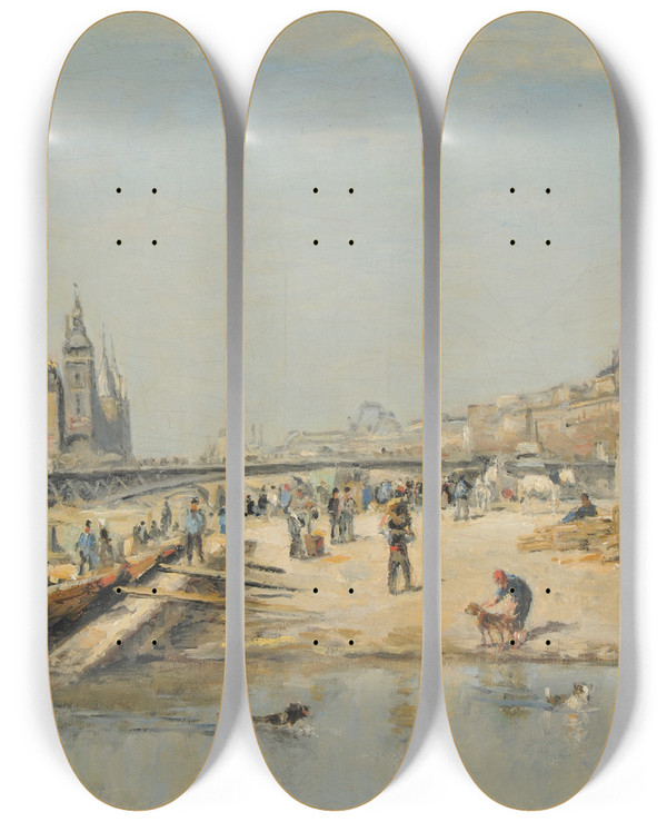Triptych art skateboard deck of Stanislas Lpine Le Quai Aux Fleurs by Stanislas Lepine (1835-1892)