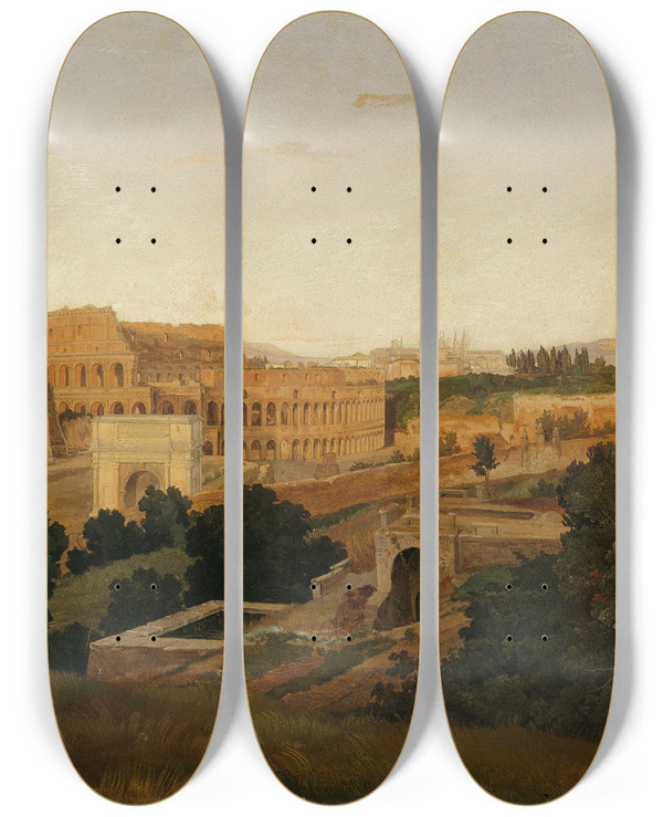 Triptych art skateboard deck of Gustaf Wilhelm Palm View Of Rome With The Colosseum Study by Gustaf Wilhelm Palm (1810-1890)