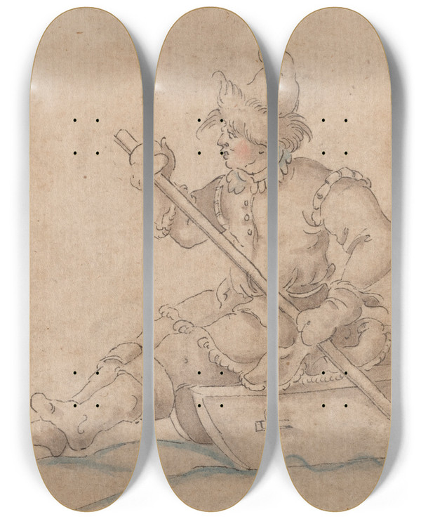 Triptych art skateboard deck of Jost Amman A Boy On A Sled by Jost Amman (1539-1591)