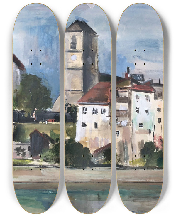 Triptych art skateboard deck of Otto Geigenberger Wasserburg Am Inn Huserpartie Am Inn by Otto Geigenberger (1881-1946)