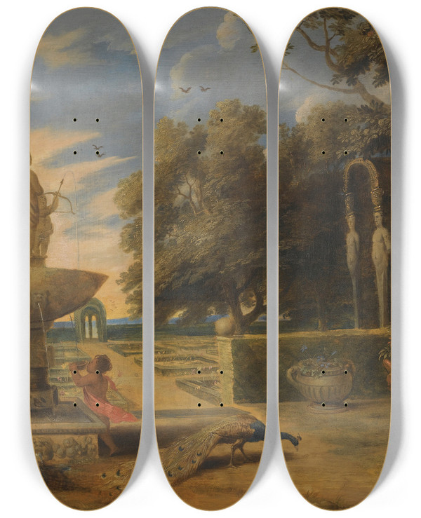 Triptych art skateboard deck of Frans Wouters Flora With Three Putti In A Garden by Frans Wouters (1612-1659)