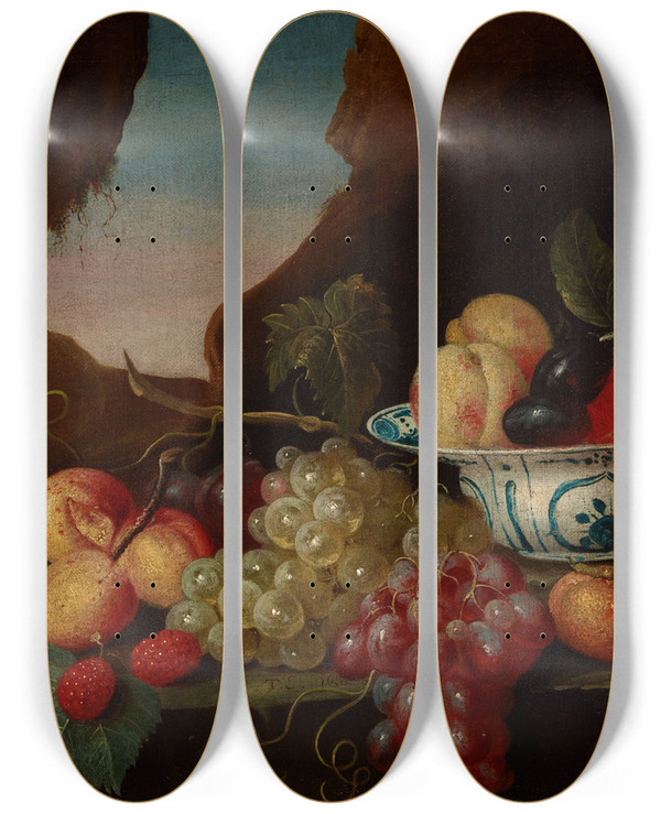 Triptych art skateboard deck of Theodor Smits Still Life With Fruits And A Lobster by Theodor Smits (1657-1659)