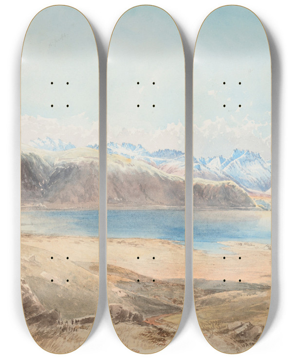 Triptych art skateboard deck of Nicholas Chevalier Tekapo Lake by Nicholas Chevalier (1828-1902)