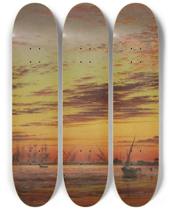 Triptych art skateboard deck of Edward William Cooke Alicante by Edward William Cooke (1811-1880)