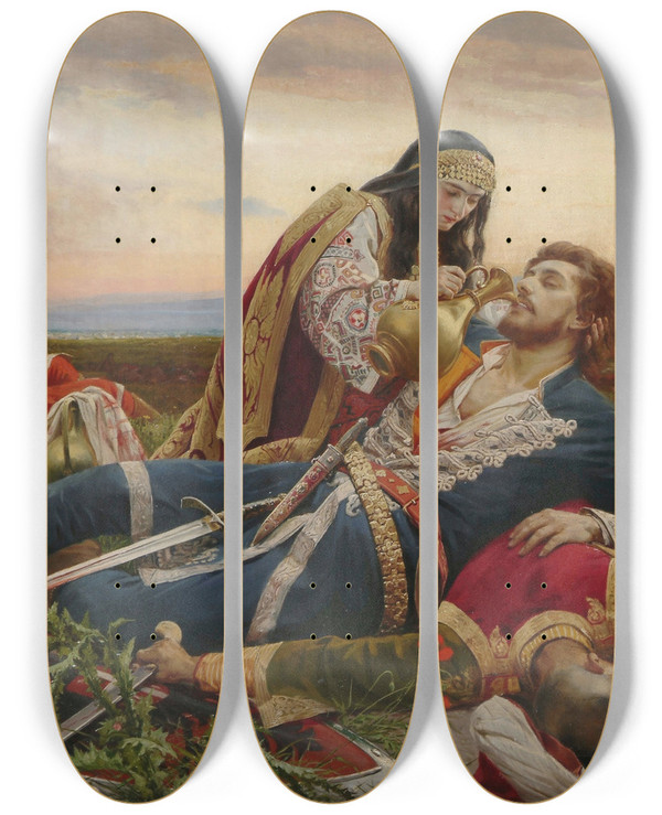 Triptych art skateboard deck of Uro Predi Kosovo Maiden by Uros Predic (1857-1953)