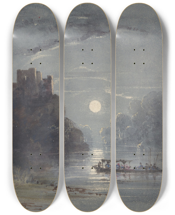 Triptych art skateboard deck of Newton Limbird Smith Fielding Moonlight River Scene by Newton Limbird Smith Fielding