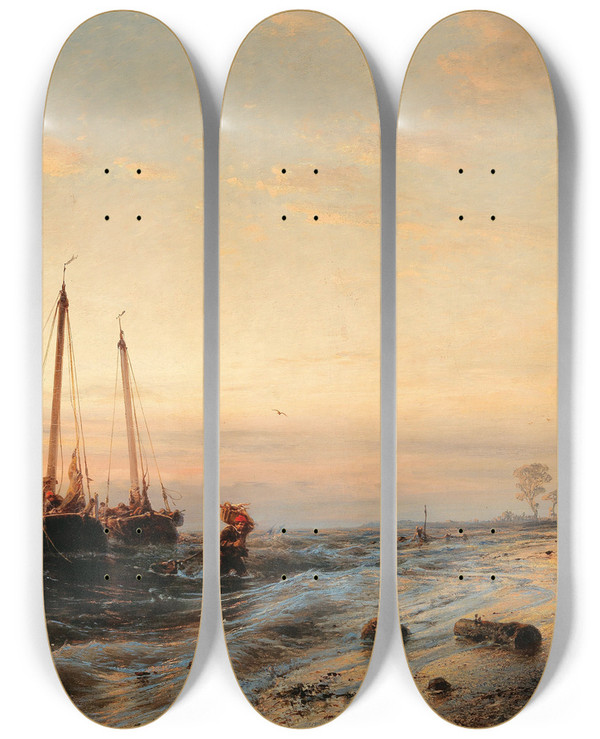 Triptych art skateboard deck of Eduard Hildebrandt The Arrival Of The Fishing Boats by Eduard Hildebrandt (1818-1869)