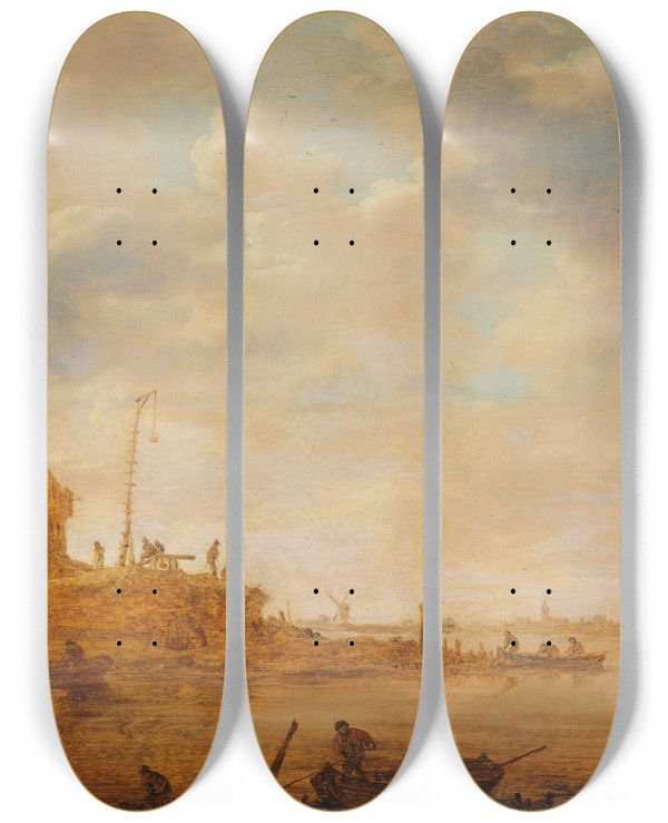 Triptych art skateboard deck of Jan Van Goyen River View With Sentry Post by Jan Van Goyen (1596-1656)