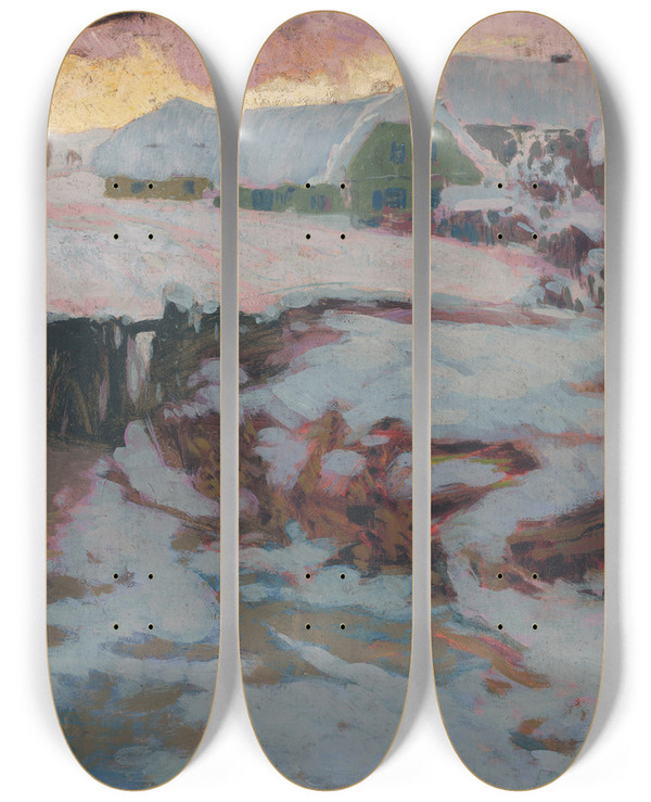 Triptych art skateboard deck of Alois Kalvoda Winter Landscape by Alois Kalvoda (1875-1934)