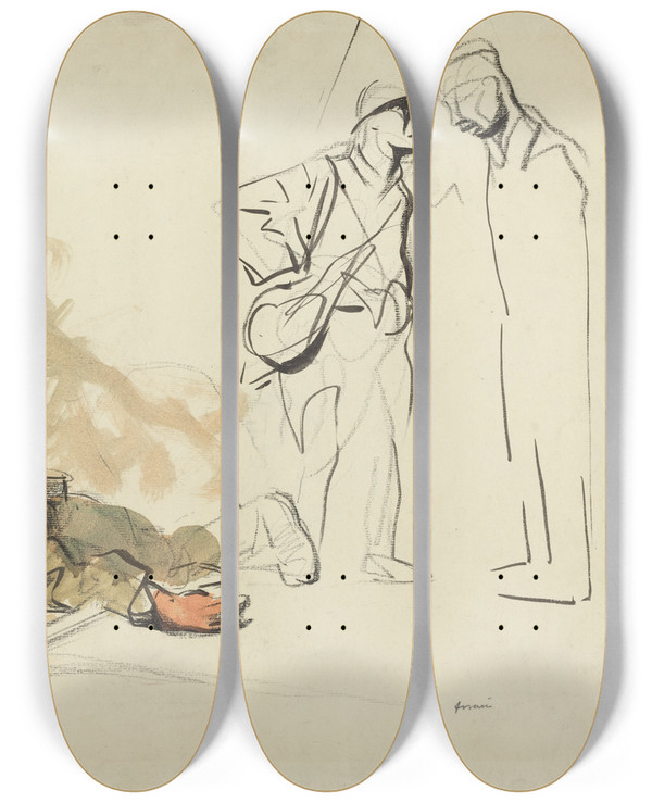 Triptych art skateboard deck of Jeanlouis Forain Dead German Soldier by Jean Louis Forain (1852-1931)