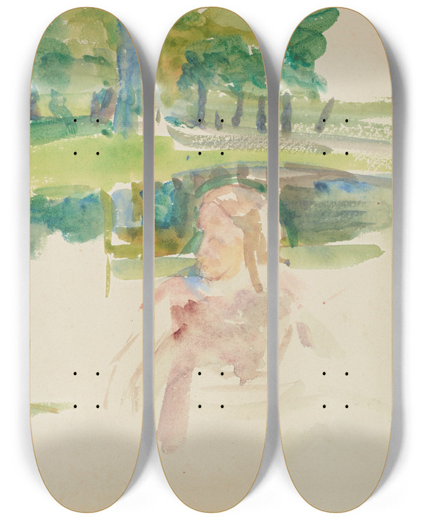 Triptych art skateboard deck of Mary Cassatt Tude De Paysage La Rivire Et Denfants by Mary Cassatt (1844-1926)