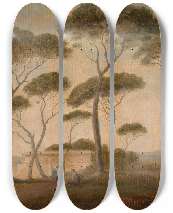 Triptych art skateboard deck of Thomas Jones The Garden Of The Villa Borghese by Thomas Jones (1742-1803)