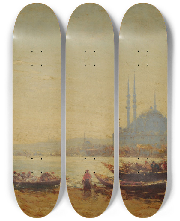Triptych art skateboard deck of Flix Ziem Le Bosphore Au Matin by Felix Ziem (1821-1911)