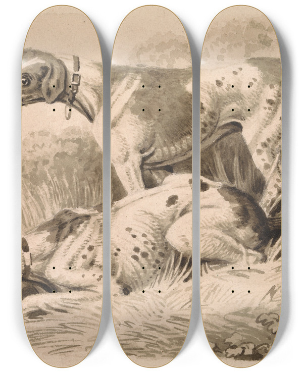 Triptych art skateboard deck of Samuel Howitt Gun Dogs by Samuel Howitt (1756-1822)