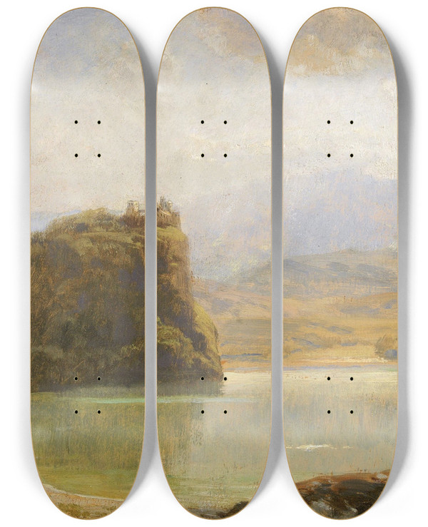 Triptych art skateboard deck of Anton Hlavacek Landschaft Mit Burg by Anton Hlavacek (1842-1926)