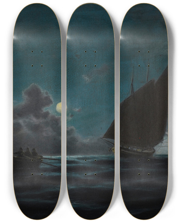 Triptych art skateboard deck of Emilios Prosalentis Ships By Moonlight by Emilios Prosalentis (1859-1926)