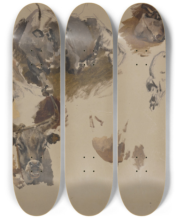 Triptych art skateboard deck of Johann Nepomuk Rauch Rinder Auf Dem Campo Vaccino In Rom by Johann Nepomuk Rauch (1804-1847)