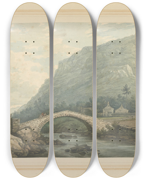 Triptych art skateboard deck of Joseph Farington View Of Bridge Village Of Rydal by Joseph Farington (1747-1821)