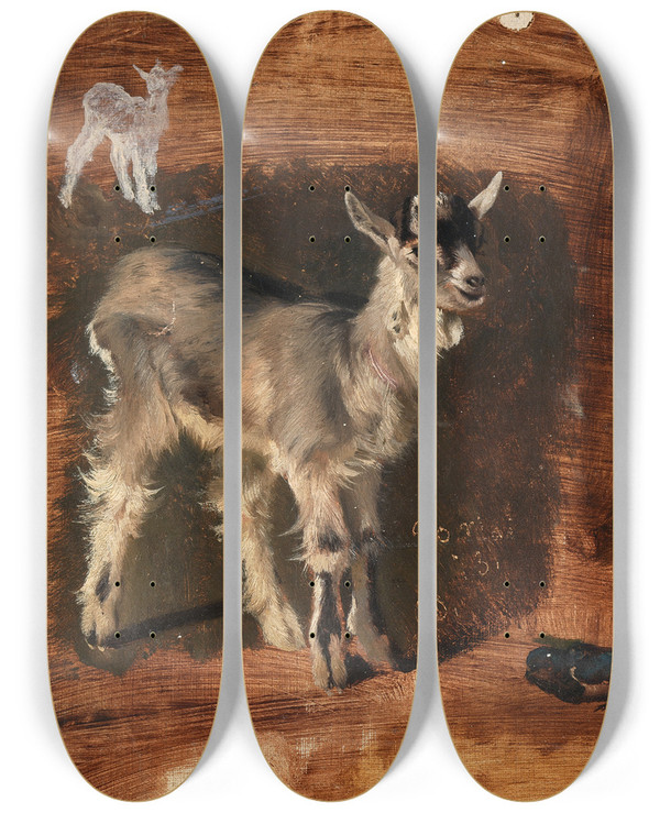 Triptych art skateboard deck of Eliphalet Fraser Andrews Goats by Eliphalet Fraser Andrews (1835-1915)