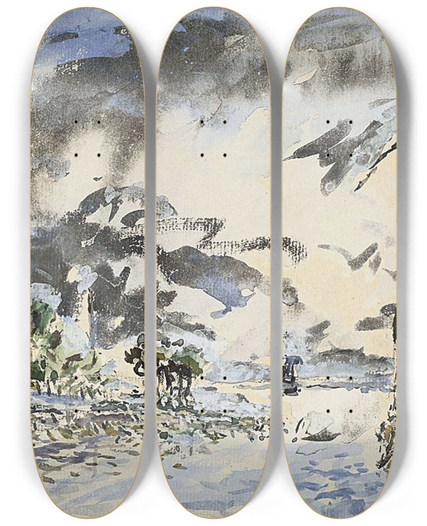 Triptych art skateboard deck of Johan Barthold Jongkind Fishing Boat by Johan Barthold Jongkind (1819-1891)