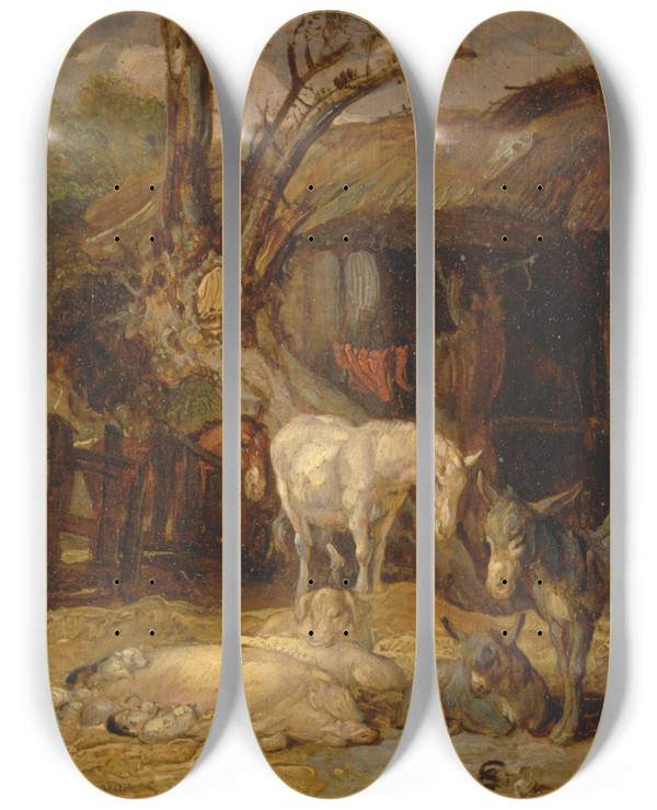 Triptych art skateboard deck of James Ward The Straw Yard by James Ward (1769-1859)
