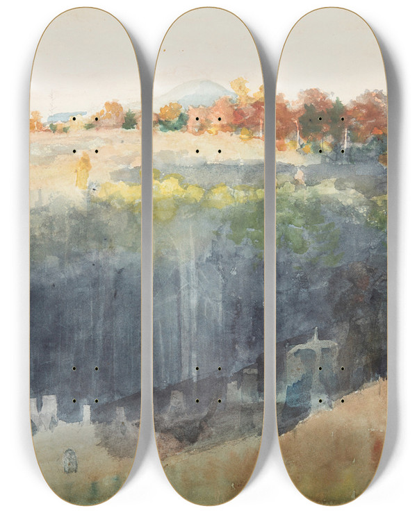 Triptych art skateboard deck of Winslow Homer Valley And Hillside by Winslow Homer (1836-1910)
