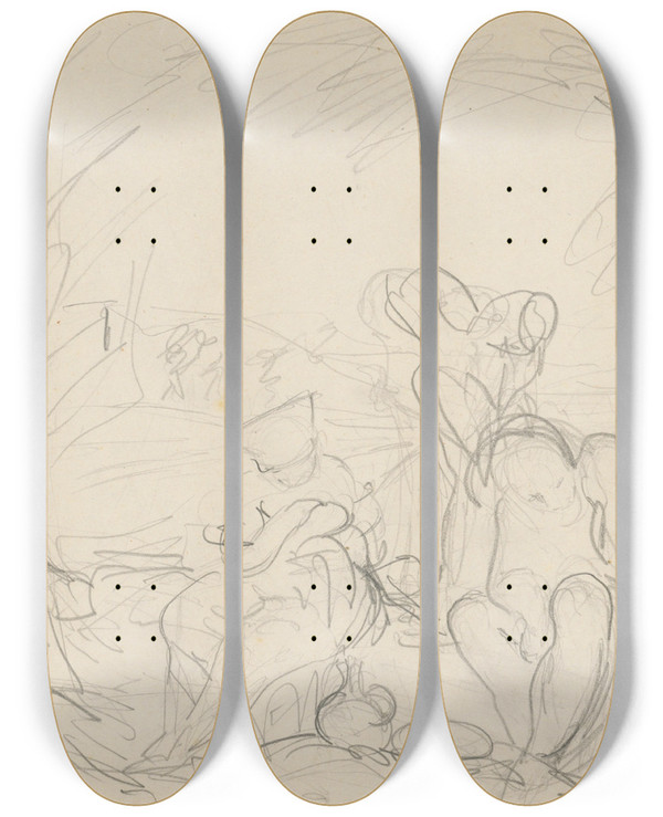 Triptych art skateboard deck of Jn Novk Idylick Scna by Jan Novak (1921-1944)