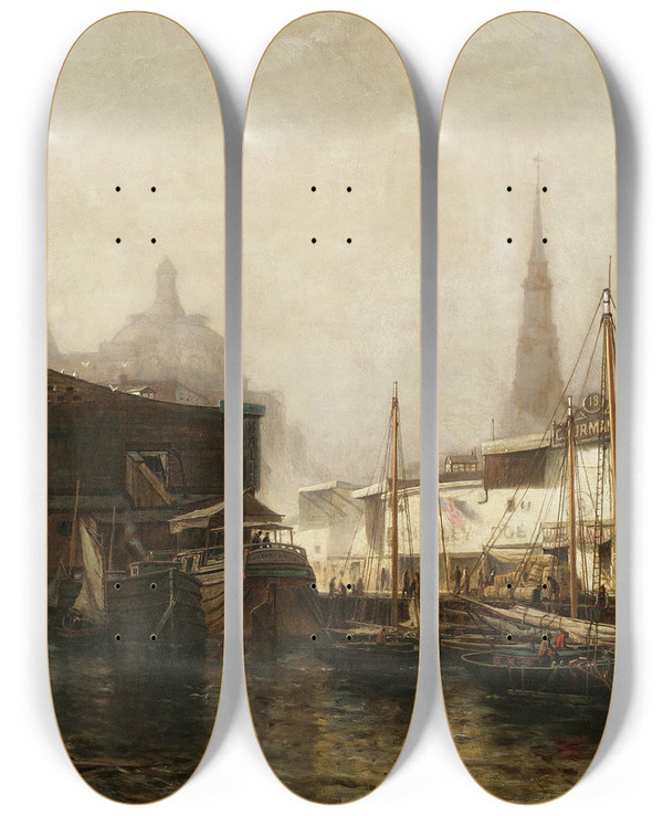 Triptych art skateboard deck of Arthur Quartley North River Pierhead by Arthur Quartley (1839-1886)