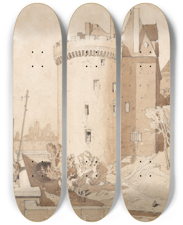 Triptych art skateboard deck of John Sell Cotman Castle At Alencon by John Sell Cotman (1782-1842)