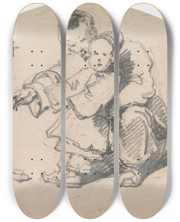 Triptych art skateboard deck of George Chinnery Chinese Father And Child With Dog by George Chinnery (1774-1852)