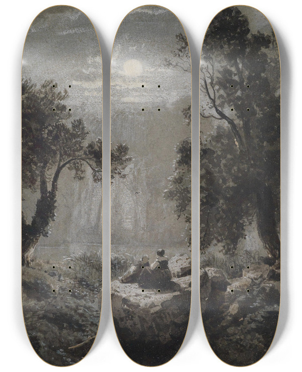 Triptych art skateboard deck of Oswald Achenbach Eine Romantische Waldlandschaft Im Mondlicht by Oswald Achenbach (1827-1905)
